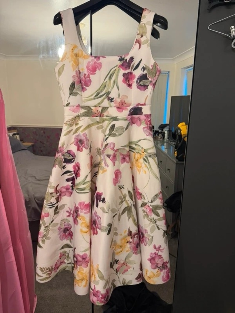 Floral Midi Fit-and-Flare Dress in White with Pink & Yellow Blooms